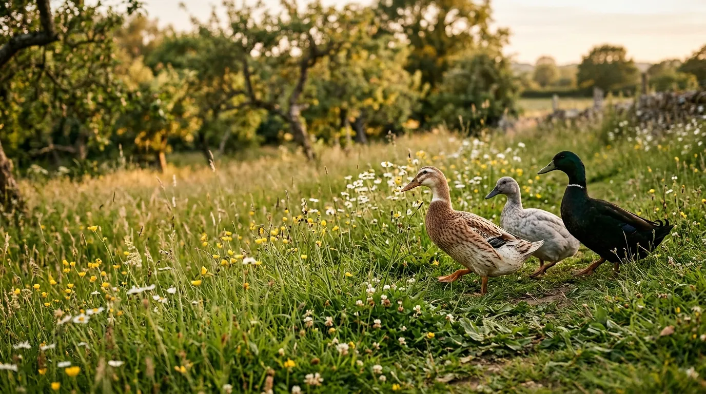 A small flock of domestic ducks exploring a sunlit wildflower meadow